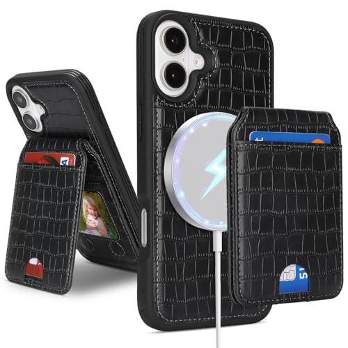 Ｈａｖａｙａ Leather Wallet Case for iPhone 16 - Jet Black | Crocodile-textured leather, detachable wallet, 5-card slots & kickstand, MagSafe 15W fast charge, raised bezels - color: Jet Black