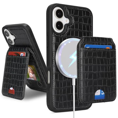 Ｈａｖａｙａ Leather Wallet Case for iPhone 16 - Jet Black | Crocodile-textured leather, detachable wallet, 5-card slots & kickstand, MagSafe 15W fast charge, raised bezels - color: Jet Black