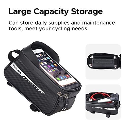 ENGWE Bike Front Frame Bag, Waterproof Bike Phone Holder Mountain Bicycle Handlebar Pouch Cycling Storage Bag with TPU Touch-Screen Sun-Visor Rain Cover for Phones under 6.5”