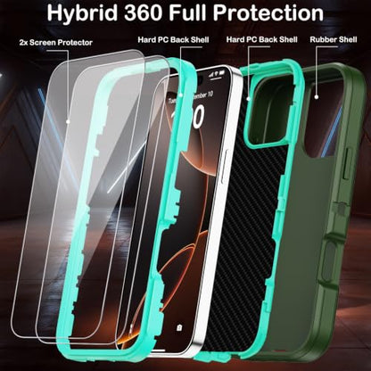 for iPhone 16 Pro Case with Screen Protector,Built-in Invisible Kickstand,Heavy Duty Shockproof Drop Protection Military Grade Tri-Layer Rugged Durable Cell Phone Cover for Apple 16 Pro 6.3"(Green) - color: Green