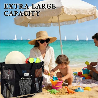 GYEUKHAM Mesh Beach Bag for Women, Sand-Resistant Pool Tote, 9 Pockets (1 Inner Zip), Foldable Family Travel Essentials - color: Extra Large - Black