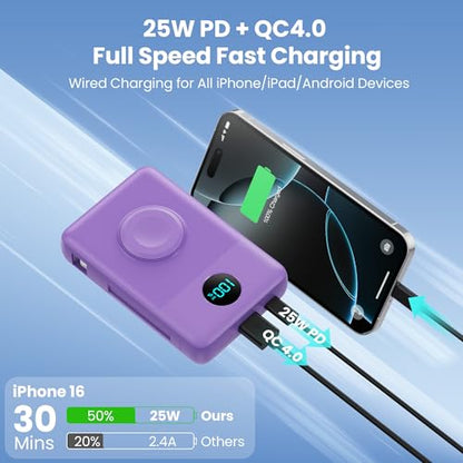 Ekrist Magnetic Portable Charger 10800mAh for MagSafe with Built-in Cable,iWatch Charger,Wireless Power Bank Travel Essentials,25W Fast Charging Battery Pack for iPhone 17/16/15/14,Apple Watch(Purple) - color: Purple