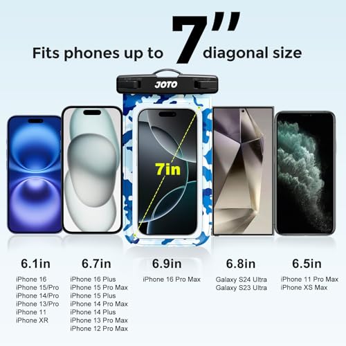 JOTO Up to 7" Universal Waterproof Phone Case for iPhone 17 Air 16 15 14 13 12 11 Plus Pro Max, IPX8 Cellphone Dry Bag XR X SE, Galaxy S23 S22 S21 S20+ S20 S10 Plus Note, Pixel -CamoBlue - color: CamoBlue, size: 1 Pack