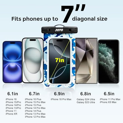 JOTO Up to 7" Universal Waterproof Phone Case for iPhone 17 Air 16 15 14 13 12 11 Plus Pro Max, IPX8 Cellphone Dry Bag XR X SE, Galaxy S23 S22 S21 S20+ S20 S10 Plus Note, Pixel -CamoBlue - color: CamoBlue, size: 1 Pack
