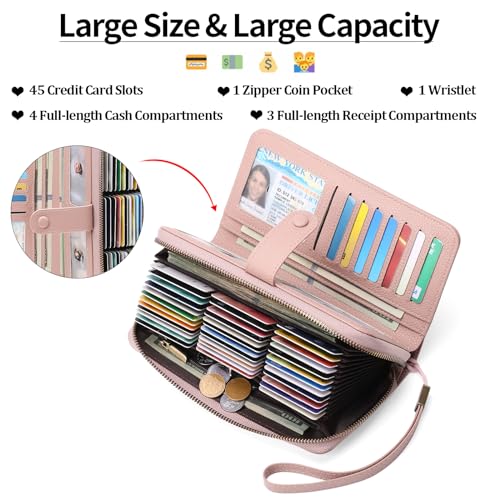 GAEKEAO Leather Credit Card Holder Wallet for Women RFID Blocking Large Capacity Bifold Zipper Card Case Organizer with Wristlet 45 Slots - color: Light Pink
