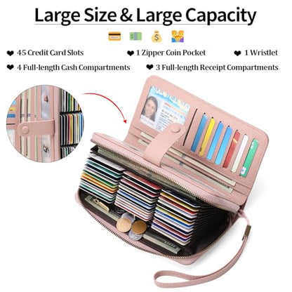 GAEKEAO Leather Credit Card Holder Wallet for Women RFID Blocking Large Capacity Bifold Zipper Card Case Organizer with Wristlet 45 Slots - color: Light Pink
