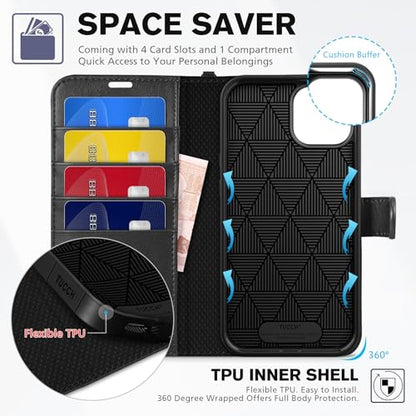 TUCCH Wallet Case with Wrist Strap for iPhone 14 (6.1") 2022, Black | 4 Card Holders, RFID Blocking, Viewing Stand, Shockproof TPU Shell, PU Leather, Magnetic Closure, Folio Flip Cover - color: Black with Strap