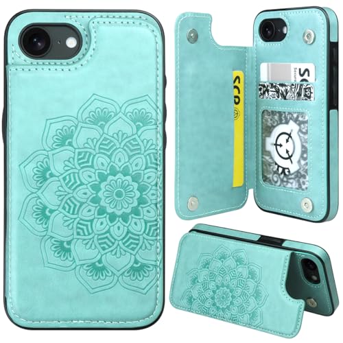 MMHUO for iPhone 17e Case,iPhone 16e Case with Card Holder,Flower Magnetic Buttons Protective Wallet Case for Women for iPhone 16e/17e,Mint - color: Mint, size: for iPhone 16e 6.1"-(S)(One Cameras)