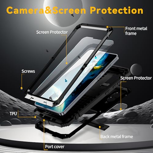 Simicoo for Samsung Galaxy S25 FE Metal Military Heavy Duty Case, Metallic Bumper Shockproof Dustproof Rugged Tough with Stand Screen Protector Camera Control Full Body Drop Protective Cover (Black) - color: Black