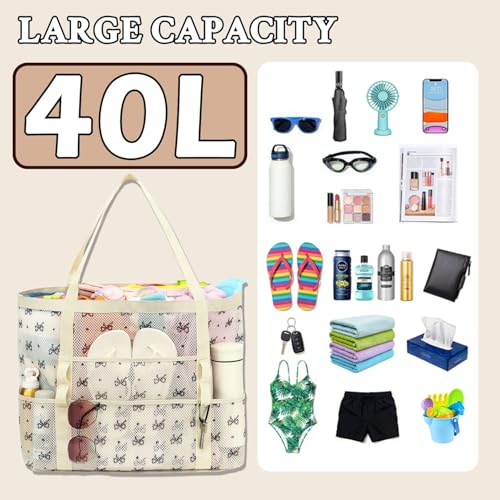 GYEUKHAM Mesh Beach Bag for Women, Sand-Resistant Pool Tote, 9 Pockets (1 Inner Zip), Foldable Family Travel Essentials - color: L-black Butterfly