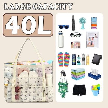 GYEUKHAM Mesh Beach Bag for Women, Sand-Resistant Pool Tote, 9 Pockets (1 Inner Zip), Foldable Family Travel Essentials - color: L-black Butterfly