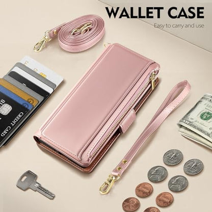 Antsturdy Crossbody Phone Wallet Case for iPhone 13 Pro,Rose Gold | RFID Blocking,PU Leather Flip Cover,Kickstand,with Credit Card Holder,Wrist Strap Lanyard & Handbag Purse,for Women & Men - color: (Crossbody) - Rose Gold