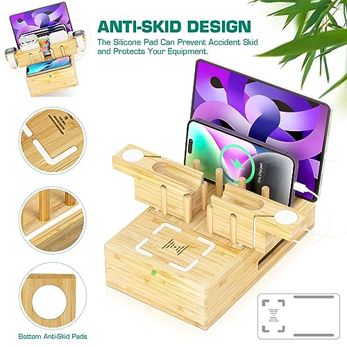 Bamboo Wireless Charging Station for Multiple Devices,Wood Charging Station - color: light bamboo