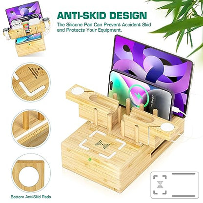 Bamboo Wireless Charging Station for Multiple Devices,Wood Charging Station - color: light bamboo
