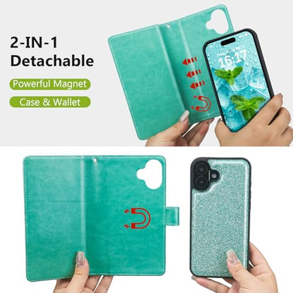 Varikke for iPhone 16 Glitter Case Wallet Magnetic Detachable, Mint Green - color: (Standard) Mint, size: iPhone 16 6.1"