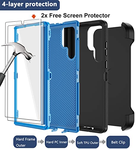 for Samsung Galaxy S22 Ultra Case with Belt Clip Holster, 2x Screen Protector, Military Grade Protection Heavy Duty Full Body Shockproof Rugged Protective Cover for Samsung S22 Ultra 5G (Black Blue B) - color: Black Blue B