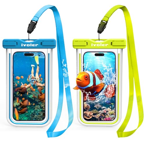 ivoler 2-Pack Waterproof Phone Pouch, Cell Phone Dry Bag for iPhone 17/16/15 Pro Max, Samsung S26/S25 Ultra, Waterproof Phone Case for Beach, Cruise Essentials & Travel, [Fit Up to 7''] - color: Neon Blue & Neon Green