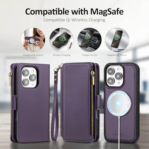 Antsturdy Compatible with MagSafe iPhone 16 Pro Max Wallet Case,Purple | Detachable Magnetic Credit Card Holder,RFID Blocking,PU Leather Zipper Purse,Wrist Strap Kickstand,Flip Phone Cover for Women - color: (Detachable with Magsafe)-Purple