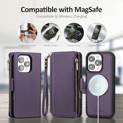 Antsturdy Compatible with MagSafe iPhone 16 Pro Max Wallet Case,Purple | Detachable Magnetic Credit Card Holder,RFID Blocking,PU Leather Zipper Purse,Wrist Strap Kickstand,Flip Phone Cover for Women - color: (Detachable with Magsafe)-Purple
