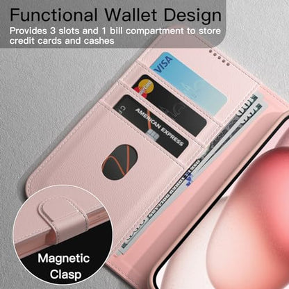 JETech Wallet Case for iPhone 15, Pink | Shockproof PU Leather, Card Holder, Magnetic Flip Cover, Stand Feature, Full Camera Protection - color: Pink