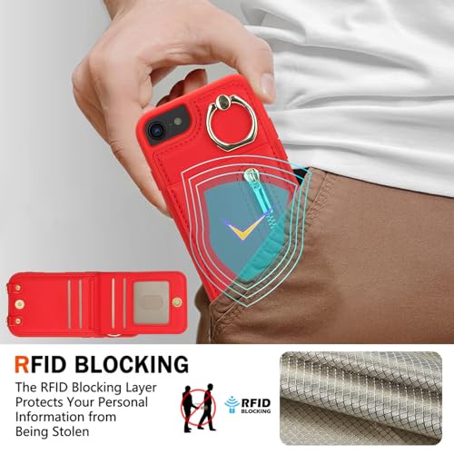 Crossbody Wallet Case for iPhone 7/8/SE 2020/SE 2022, with Card Slots Zipper Pocket Case, Flip Folio Purse RFID Blocking with Ring Kickstand Detachable Strap-Red - color: Red, size: iPhone 7/8/SE 2020/SE 2022 (4.7")