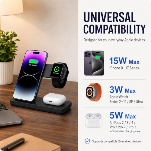 3 in 1 Charging Station,Wireless Charger Stand Multiple Devices for iPhone 17-8 Series,Apple Watch 11-2 SE and Ultra Series, Airpods 4 3 Pro