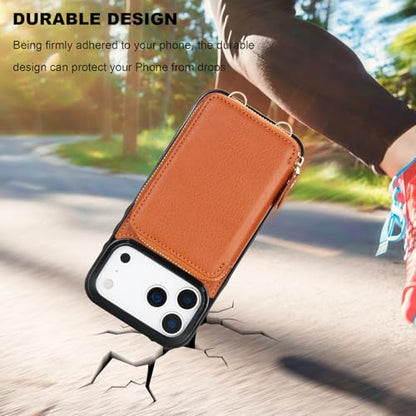 Bocasal Multi-Slot Crossbody Wallet Case for iPhone 17 Pro Max, Brown | RFID Blocking PU Leather Purse Case with Card Holder, Handbag Flip Cover with Zipper Wrist Strap Lanyard for Women 6.9 Inch - color: Brown