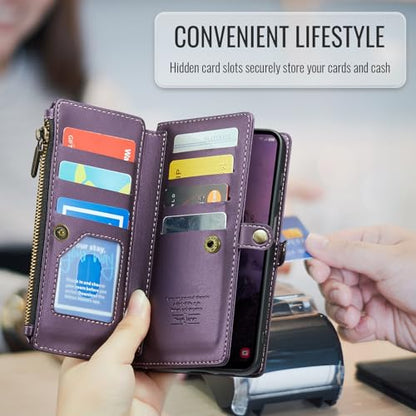 Asuwish Phone Case for Samsung Galaxy A17 5G Zipper Wallet Cover with Tempered Glass Screen Protector and Leather Flip RFID Blocking Credit Cash Card Holder Stand Cell A 17 17A 4G Women Girls Purple - color: Purple