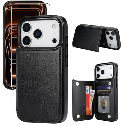 for iPhone 17 Pro Max Wallet Case with Screen Protector, Slim PU Leather Protective Case with Card Holder[RFID Blocking] Kickstand Cover 6.9"-Black - color: Black