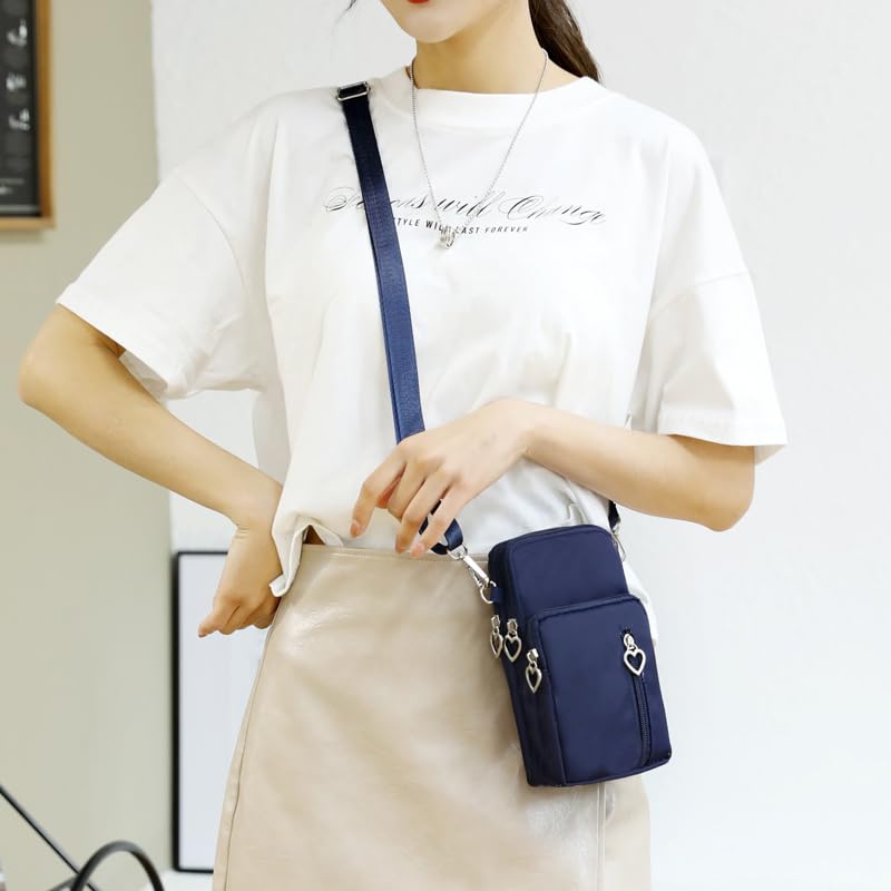 Small Crossbody Bag for Women, Multi Zip Pockets Nylon Wallet Purse Credit Card Holder with Detachable Hand Strap - color: Darkblue