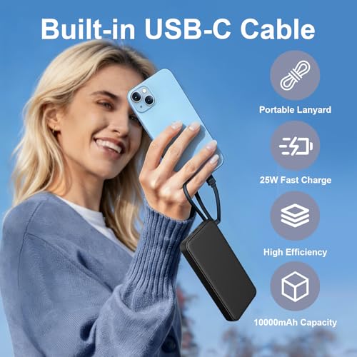 JUOVI Power Bank 25W 10000mAh Portable Charger with Built-in Cable - color: Black