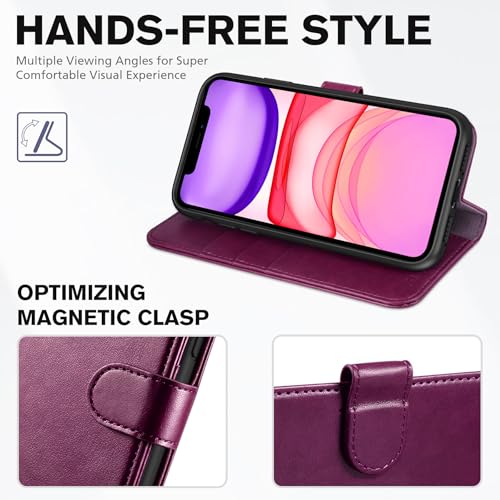 TUCCH Wallet Case for iPhone 11 (6.1") 2019, 3 Card Holders, Plum Purple | RFID Blocking, Viewing Stand, Shockproof TPU Shell, PU Leather, Magnetic Closure, Protective Folio Flip Cover - color: Plum Purple