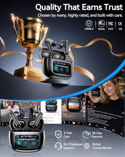 Wireless Earbuds with Smart Touchscreen Case, Bluetooth 6.0 Ear Buds with AI Noise Cancelling Calls, 40H Playtime Stereo Headphones, IPX7 Waterproof Earbuds for Workout, Travel, iPhone, Android, Black - color: Black