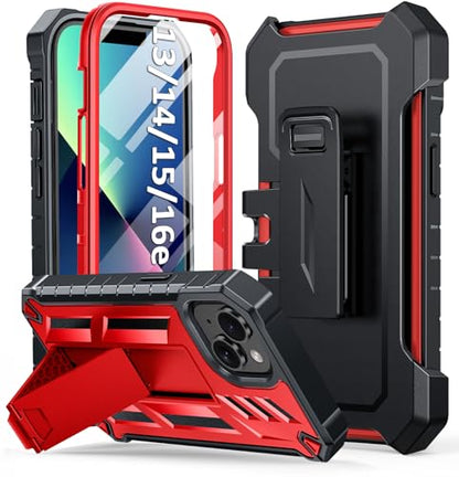 for iPhone 13/14/15 Phone Case: for iPhone 16e Protective Cover with Belt Clip Holster | Durable Dual-Layer Design with Built-in Kickstand | Heavy Duty Military Grade Hard Protection Shock Proof | Built-in Screen Protector, 20FT Military-Grade Drop Shockp