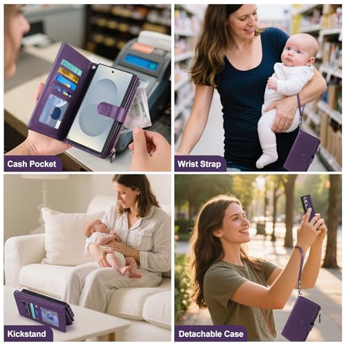 Magnetic Case for Galaxy S25 Ultra Wallet Compatible with Magsafe RFID Blocking Card Holder Detachable Phone Cover Kickstand Snap Strap Zipper Pocket PU Leather (Purple) - color: Purple, size: Galaxy S25 Ultra