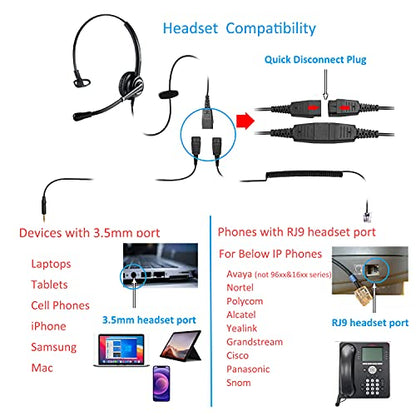 MAIRDI Office Headset with Microphone Noise Canceling, with RJ9 & 3.5mm Jack for Landline Deskphone Cell Phone PC Laptop, Telephone Headset for Call Center Phone, Work for Polycom Avaya Nortel