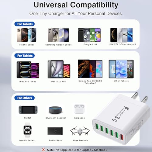 USB Charger Block, 6-in-1 50W Charging Blocks, Fast USB Wall Charger Plug