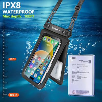 Niveaya Double Space Waterproof Phone Pouch - 2 Pack, Waterproof Phone Lanyard Case with iPhone 17/16/15/14/13 Pro Max up to 8.3", Phone Dry Bags for Vacation Beach Pool Kayak Cruise Travel Essentials - color: Clear+ Clear, size: Medium 8.3"