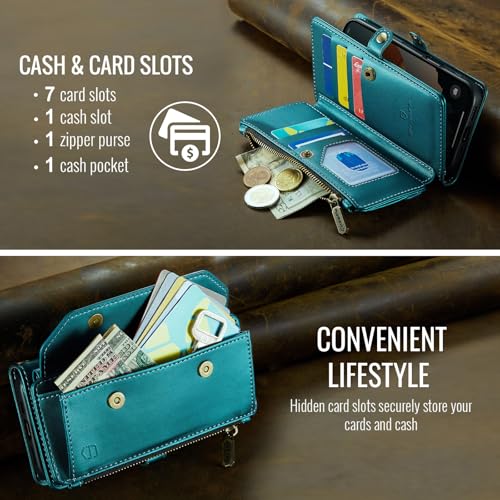 Strapurs Wallet Case Compatible with iPhone 14 RFID Blocking 7-Card Holder Soft PU Leather Magnetic Snap Shoulder Strap Zipper Pocket Phone Case Fit for iPhone 14 for Women 6.1" - Blue Green | RFID Blocking 7-Card Holder, Shoulder Lanyard, Wirst Strap, Zi