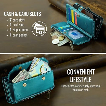 Strapurs Wallet Case Compatible with iPhone 14 RFID Blocking 7-Card Holder Soft PU Leather Magnetic Snap Shoulder Strap Zipper Pocket Phone Case Fit for iPhone 14 for Women 6.1" - Blue Green | RFID Blocking 7-Card Holder, Shoulder Lanyard, Wirst Strap, Zi