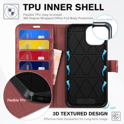 TUCCH Case Wallet for iPhone 15 (6.1") 2023, RFID Blocking Folio, Dark Red | 4 Card Holders, Kickstand, PU Leather, Magnetic Closure, Shockproof TPU Shell, Protective Flip Cover - color: Dark Red