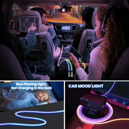 Light Up Charging Cable 66W USB C 3 in 1 Charger Cable RGB LED Light Up Glowing Light Up Charging Cable iPhone Cord 4 FT Multi Cable with Light for iPhone 16/15/14/13/12Series/iPad Pro/Samsung/Pixel