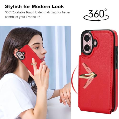Folosu Compatible with iPhone 16 Case Wallet with Card Holder, 360°Rotation Finger Ring Holder Kickstand, RFID Blocking Leather Protective Double Buttons Shockproof Cover 6.1 Inch Red - color: Red