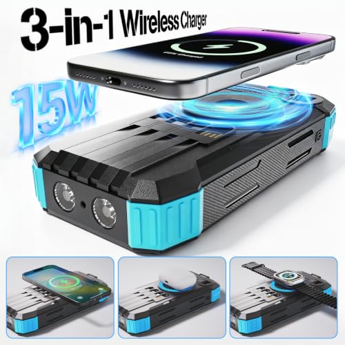 49800mAh Solar Power Bank with Hand Crank and 4 Cables, 3 in 1 Wireless Portable Charger with Camping Light & Compass, 25W Fast Charging USB C Battery for Camping Outdoor Emergency iPhone Android