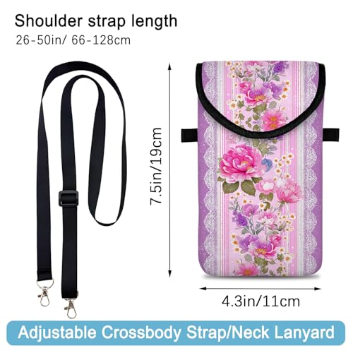 Neoprene Cell Phone Sleeve Pouch Case Bag with Crossbody Strap Neck Lanyard for Women 7.5 X 4.3 in Pink Flower Wall - color: Pink Flower Wall