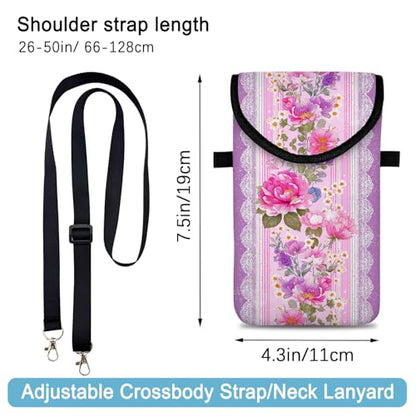 Neoprene Cell Phone Sleeve Pouch Case Bag with Crossbody Strap Neck Lanyard for Women 7.5 X 4.3 in Pink Flower Wall - color: Pink Flower Wall