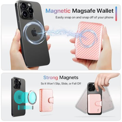Magnetic Stick on Phone Wallet Card Holder for Magsafe Phones and Cases, 5 Slots Fit 7 Cards, ID Window, RFID Blocking, Luxury Slim Flip Leather Mag Safe Wallet for iPhone for Women, Rose Gold - color: Carbon Fiber Rose Gold