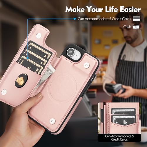 SkyEagle Compatible with MagSafe iPhone 17e / 16e Case Wallet,Rose Gold | Magnetic Clasp,RFID Blocking,PU Leather,Flip Folio Shockproof Phone Cover,with Credit Card Slots & Kickstand for Men & Women - color: Rose Gold