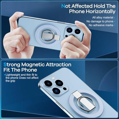 Blue Ergonomic Phone Ring Holder iPhone 11 12 13 14 15 16 17 Pro Max Magnetic Wireless Charging 360 Rotation Anti-Slip Grip Adjustable Kickstand Samsung Galaxy Pixel Foldable Secure Finger Loop - color: Blue Metal Holder