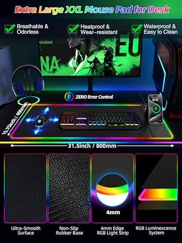 Mouse Pad with Foldable Phone Holder & Wireless Charger, XXL RGB Gaming Mousepad 31.5"x15.8" Large Desk Mat for Keyboard, Black Desk Pad with Dual Qi Charging Station | 11 Colors 5 Modes | Waterproof - color: Black-Right Phone Holder-31.5"x15.8"